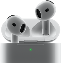 Die AirPods 4 schweben aus dem Case, das ein grünes Licht zeigt